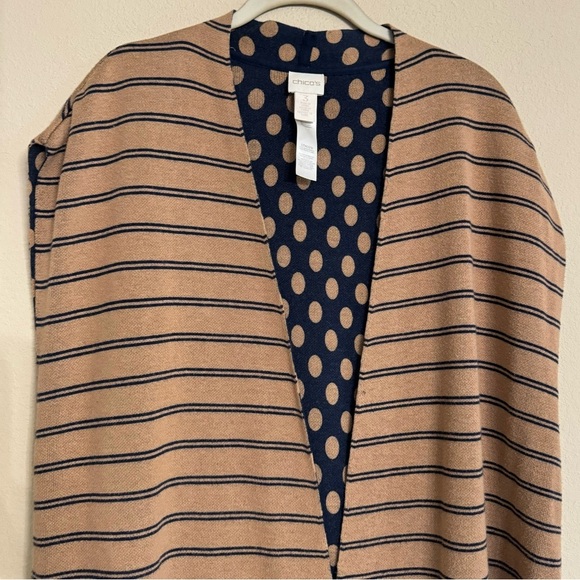 CHICOS Reversible Cardigan Size 3 XL 16 Polka Dot Striped Tan Navy - Picture 8 of 16